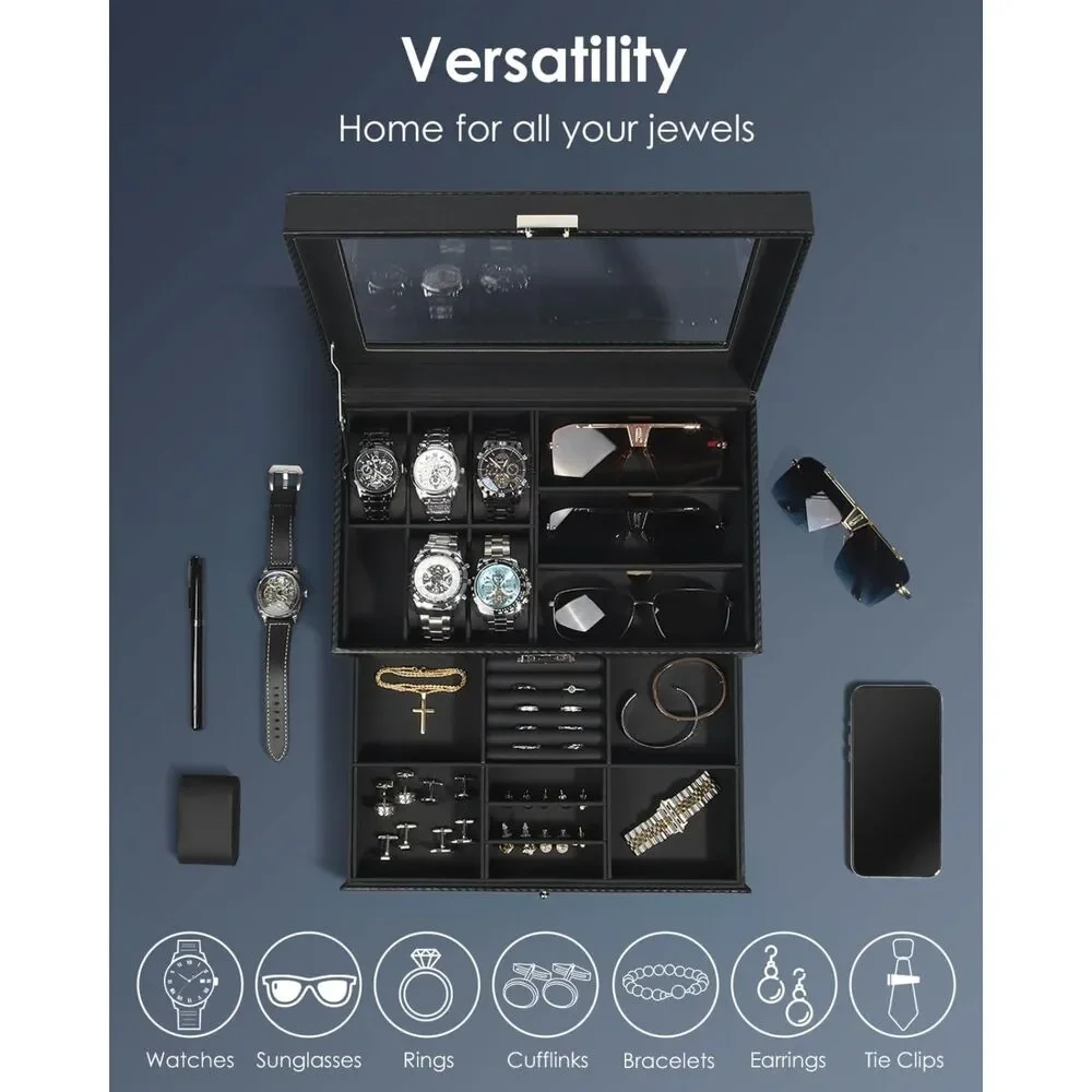 6-Watch & Jewelry Box Organizer - Carbon Fiber Style - Open Box / New